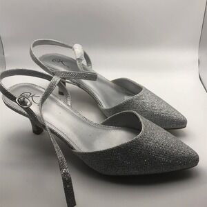 Its OK Silver Glitter Slingback Heels Women's Size 10 Wide Pointed Toe Heel